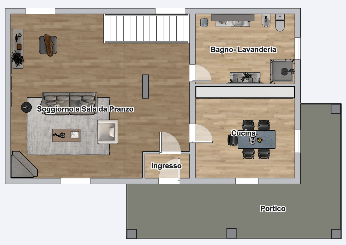 Planimetria arredata del piano rialzato con soggiorno, cucina, bagno lavanderia e portico
